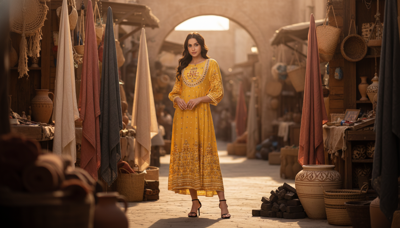 A diverse model wears the MALIKA embroidered dress in an aspirational outdoor setting with natural light, showcasing its mode
