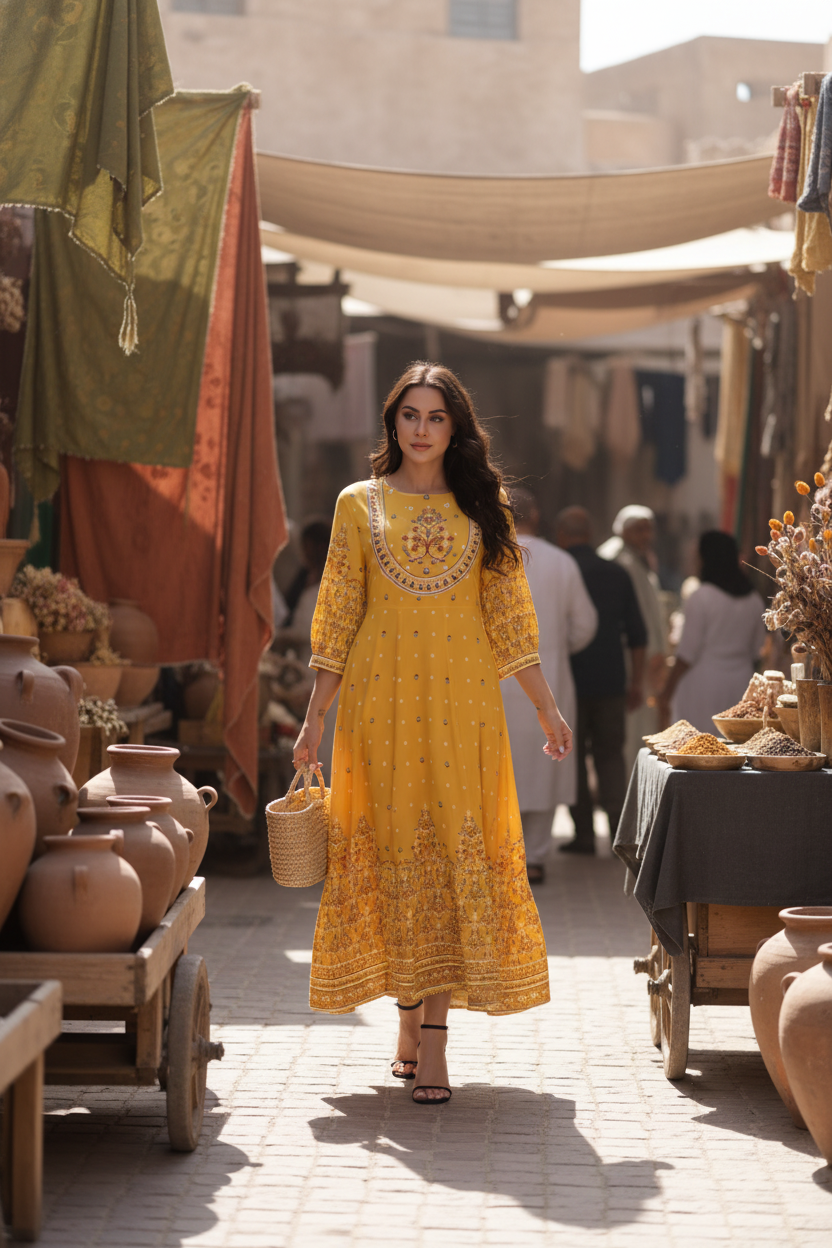 A woman in an embroidered dress walks through a sun-drenched Middle Eastern market with clay pots and textured fabrics.