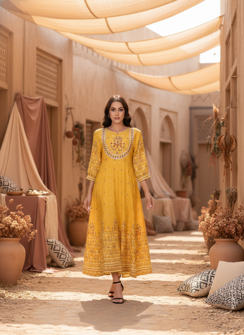 Woman in an embroidered, modest oriental-inspired dress walking through a warm, sun-drenched market street.