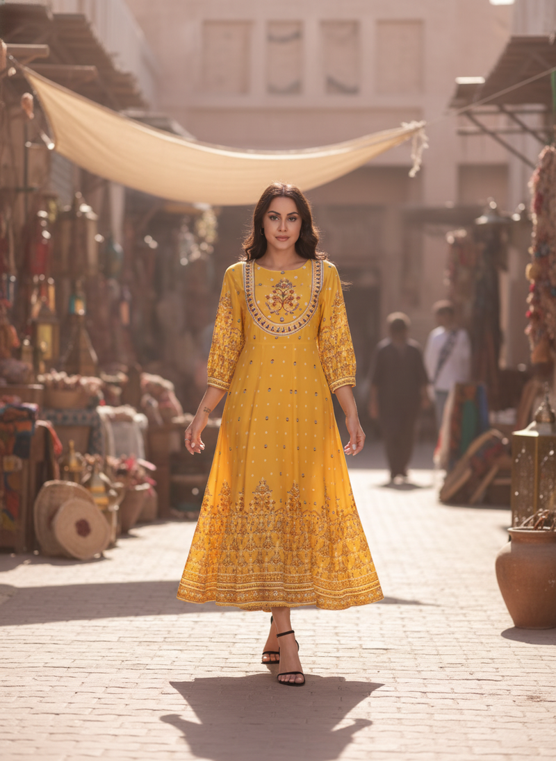 A diverse woman in a flowing, embroidered MALIKA dress walks through a sun-drenched Middle Eastern market, showcasing the gar