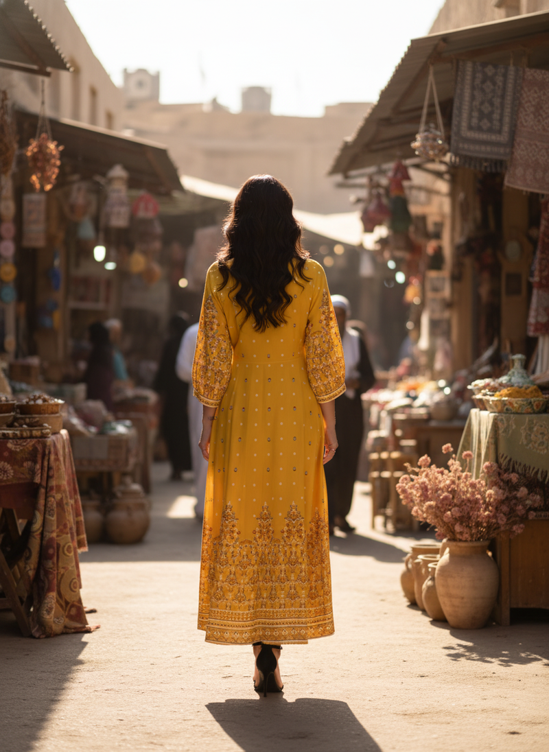 A diverse woman from behind walks through a sun-drenched Middle Eastern market, wearing the embroidered MALIKA dress, which f