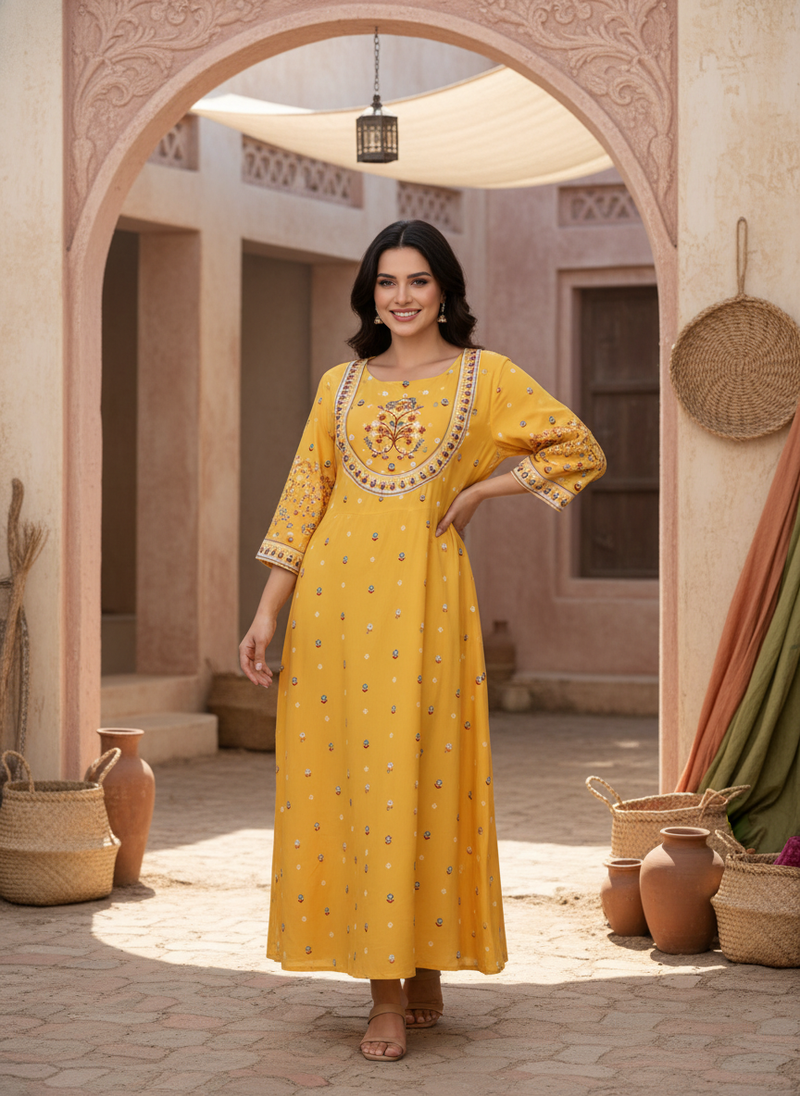 A diverse woman wears the MALIKA embroidered dress in a sunlit, open-air market setting, showcasing its modest sophistication
