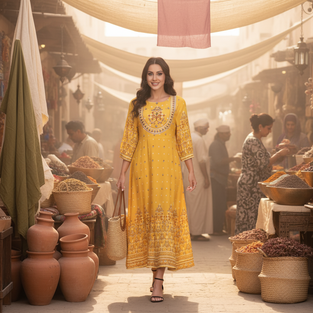 A woman in a beautifully embroidered, flowing MALIKA dress walks through a sun-drenched Middle Eastern market.