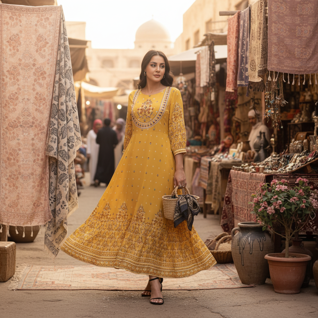 A woman in an embroidered MALIKA dress stands casually in a sunlit Middle Eastern market, with warm-toned buildings and texti