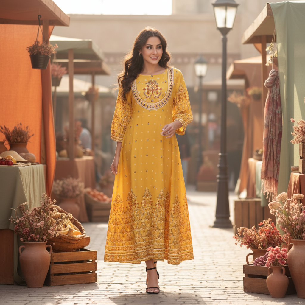 A diverse woman in a long, embroidered Malika dress walks through a warm, outdoor market, looking relaxed and free-spirited.