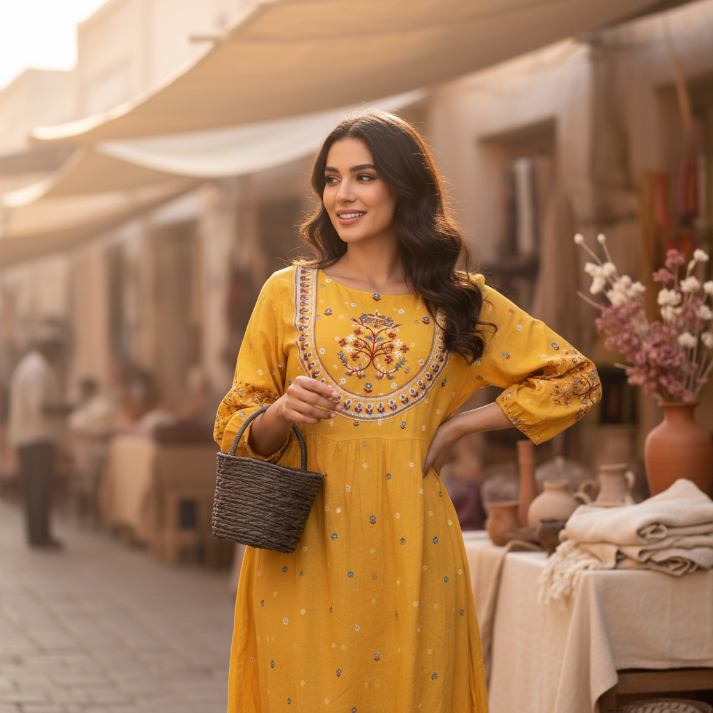 A woman models the MALIKA embroidered dress, showcasing its modest sophistication and flowing silhouette in a sunlit, candid 