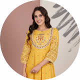 Circular portrait of influencer Zoya Malik, smiling, wearing the MALIKA embroidered dress, against a softly lit background.