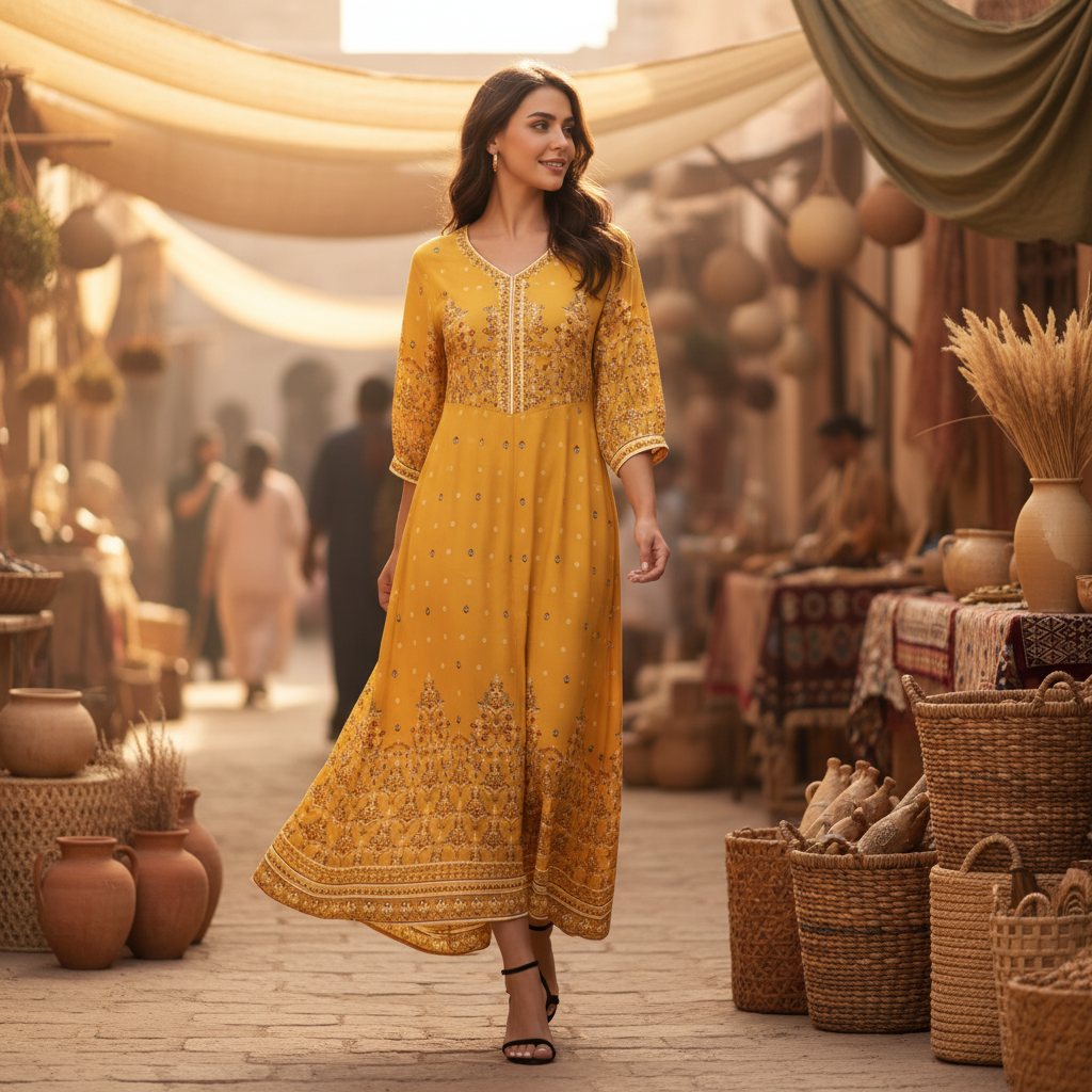 A diverse woman from the waist up, smiling softly, wearing an embroidered MALIKA dress while walking through a sun-drenched s