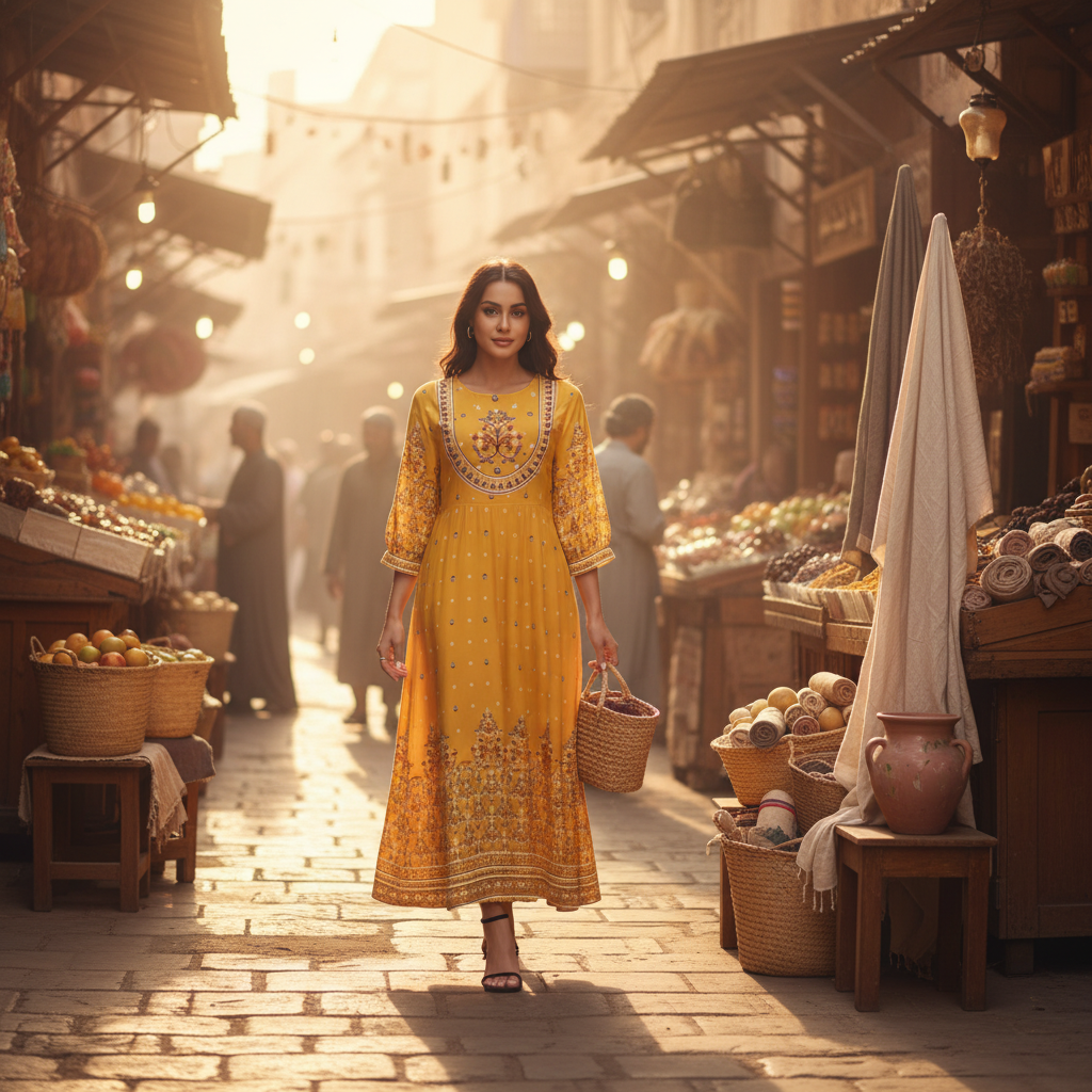 A diverse model wears the MALIKA embroidered dress in a sun-drenched Middle Eastern street market, featuring soft shadows and