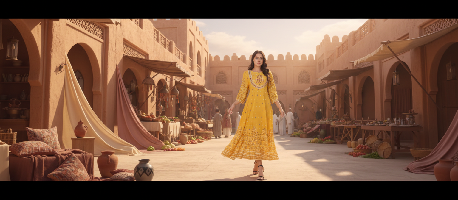 Model wearing a beautifully embroidered MALIKA dress, walking through a sun-drenched Middle Eastern-inspired market with clay