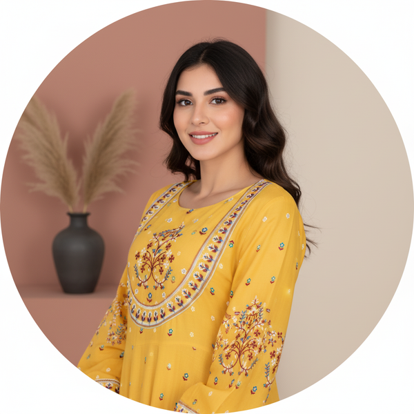Circular portrait of Lina Haddad, a young woman, wearing the embroidered MALIKA dress, looking at the camera with a warm expr