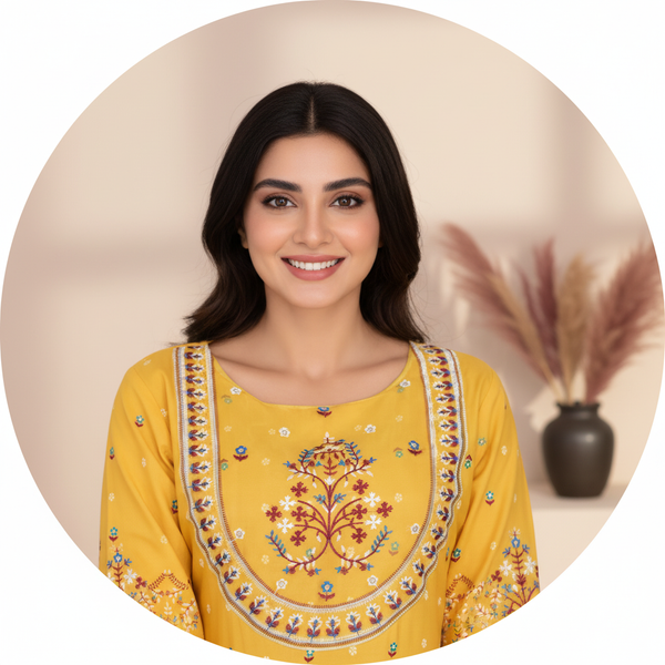 Circular portrait of influencer Dina M. smiling, wearing an embroidered MALIKA dress against a warm cream background.
