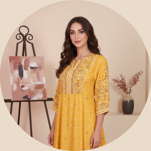 Circular portrait of Hiba Taji, a young Middle-Eastern woman, smiling and wearing an embroidered MALIKA dress, against a soft